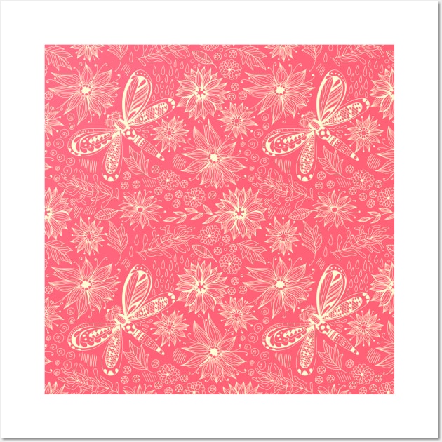 Dragonflies and flowers doodle pink Wall Art by katerinamk